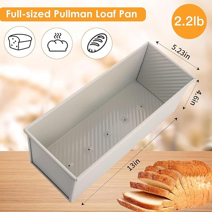 2-Pack Beige Pullman Loaf Pan with Lid, Long Nonstick Bread Pan for Toast & Sandwich Bread, Cream White Nonstick Loaf Pan, 3 Vented Holes & Ridged Design, Great for Baking Lovers and Home Use