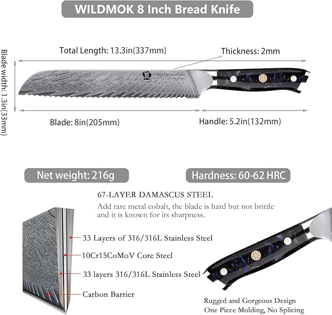 WILDMOK Damascus Serrated Steel Bread Knife, 8 inches Serrated Bread Knife, Ergonomic Full Tang Resin Handle, Razor Sharp Beautiful Damascus steel feather pattern with Luxury Gift Box