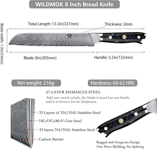 WILDMOK Damascus Serrated Steel Bread Knife, 8 inches Serrated Bread Knife, Ergonomic Full Tang Resin Handle, Razor Sharp Beautiful Damascus steel feather pattern with Luxury Gift Box