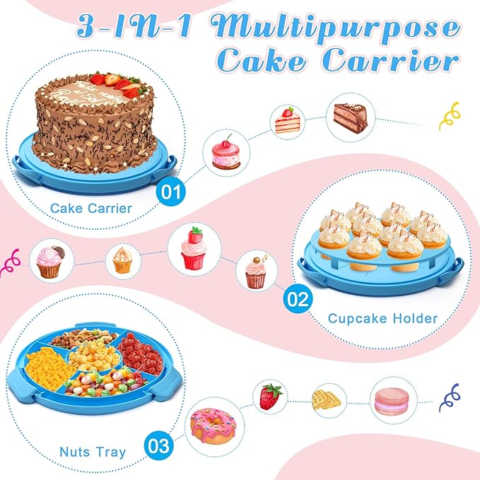 Coolrunner Cake Carrier with Lid and Handle 11inch Round Cake Carrier Portable Cake Stand Plastic Pie Carrier Cake Storage Container for Transport Cakes, Pies (Blue)