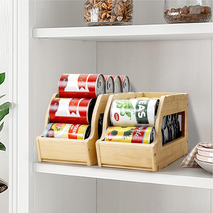 Bamboo Can Organizers and Storage for Pantry, Soda Can Organizer Beverage Drink Holders, Stackable Canned Goods Organizer Can Dispenser for Pantry, Kitchen, Cabinet (2 Pack)