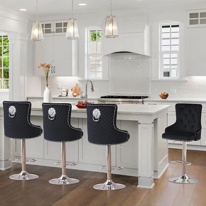Velvet Lion Bar Stools Set of 4, Modern Height Adjustable Swivel Barstools with Chrome Base, Tufted Counter Height Bar Stools Upholstered Bar Chairs for Kitchen Island, Dining Room, Black