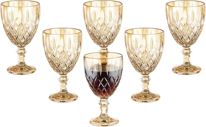 Vintage Wine Glasses Set of 6, 11 Ounces Colored Glass Water Goblets, Colorful Unique Embossed Pattern High Clear Stemmed Glassware Wedding Party Bar Glass Drinking Cups Amber Fancy Glasses
