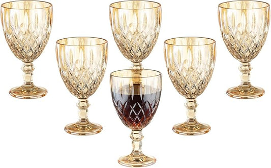 Vintage Wine Glasses Set of 6, 11 Ounces Colored Glass Water Goblets, Colorful Unique Embossed Pattern High Clear Stemmed Glassware Wedding Party Bar Glass Drinking Cups Amber Fancy Glasses