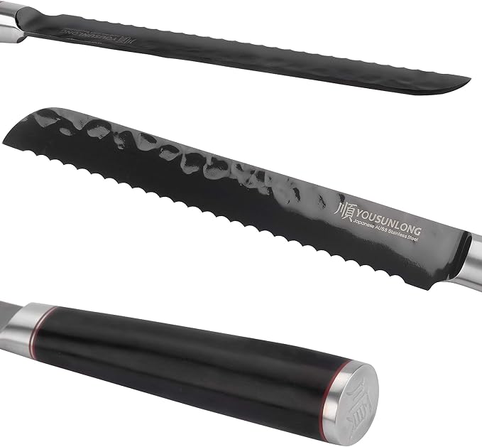 YOUSUNLONG Serrated Bread Knife 8 Inch Bread Slicer Cake knife - Japanese AUS8 Steel Blade - Naturel Leadwood Handle