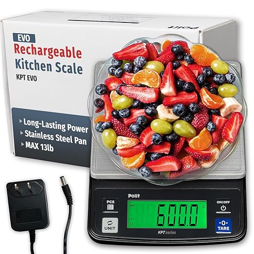 Polit Digital Food Scale KPT EVO 13lb/6kg|Rechargeable Kitchen Scale with LCD Display & Stainless Steel Top|0.5g/0.02oz Accuracy Baking Scale for Cooking, Counting, and Measuring Grams & Ounces