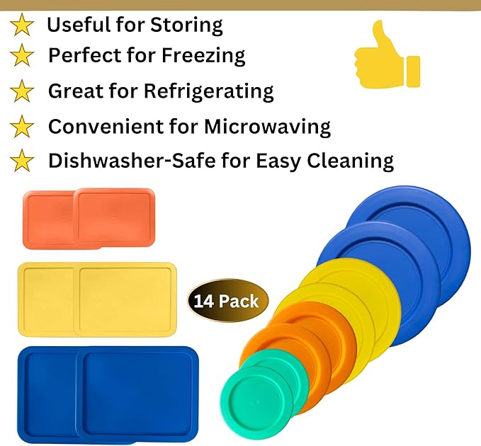 1, 2, 4 & 7 Cup Round & 3, 6, 11 Cup Rectangle Replacement Lids/Covers for Pyrex, Anchor Hocking & KlareWare Storage Bowls *Lids Only -Glass Container Not Included*, 14 Pack *2 of Each Size*