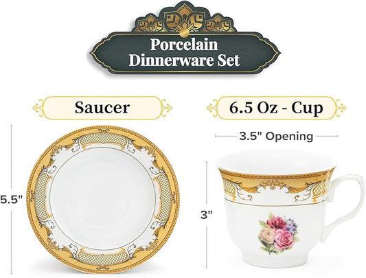 Vintage Rose Tea Set - 12 Piece Elegant White and Floral Design - 5.5 Inch Saucers, 6.5 oz Porcelain Cups - For Black Tea Or Cappuccino (Vintage Rose)