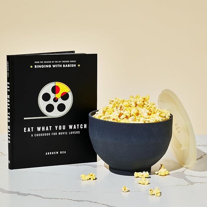 Thoughtfully, Movie Night Popcorn Gift Set with Seasonings, Toppings & Popper – Includes Eat What You Watch Cookbook, Popcorn Kernels, Microwave Popper, Paper Bags