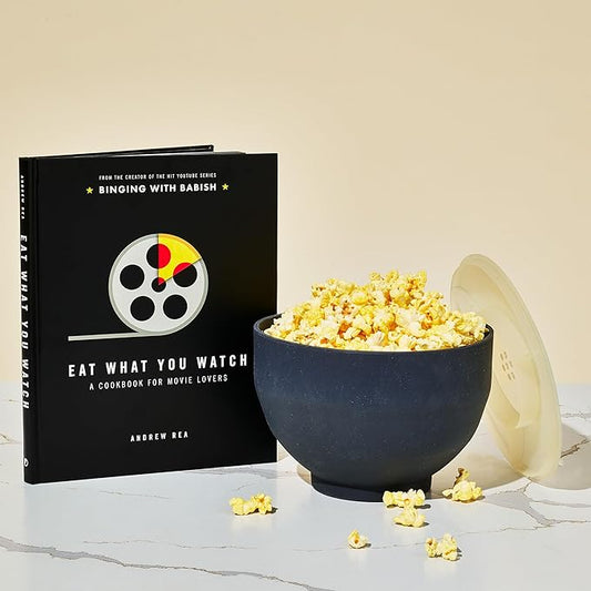 Thoughtfully, Movie Night Popcorn Gift Set with Seasonings, Toppings & Popper – Includes Eat What You Watch Cookbook, Popcorn Kernels, Microwave Popper, Paper Bags