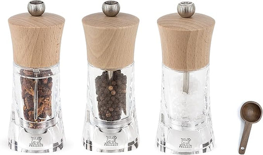 Peugeot - Oleron Manual Mill Chile, Salt, & Pepper Mill- Transparent Adjustable Grinder - Acrylic and Beechwood, Natural, 5.5 Inches - With Wooden Spice Scoop Spoon