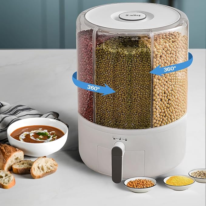 Grain and Rice Storage Container, 6 Grid Grain Dispenser, 360° Rotating 25lb Large Food Dispenser, Rice Dispenser Upgrade 6 Compartment Rotating, Airtight Storage White