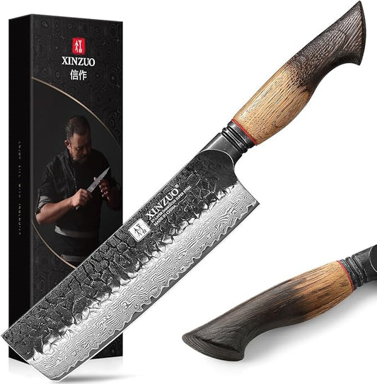 XINZUO 7 Inch Nakiri Knife, Hand Forged Damascus Steel Asian Chopping Chef Knife, Professional Meat Vegetable Kitchen Knife,Comfortable Grip White Oak Handle Usuba Knife