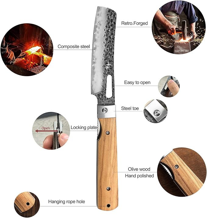 SENBON Forged 440A Super Sharp Pocket Folding Chef Knife Peeling Practical Knife Fruit Knife Natural Olive Handle Camping Barbecue Outdoor Portable Kitchen Knife