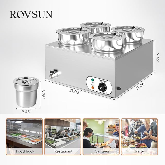 ROVSUN 30QT Commercial Soup Warmer, Electric Food Warmer Steam Table, 1500W Countertop Bain Marie with Four 7.4QT Pots, 86~185°F Adjustable Temperature, Lid and Tap for Buffet Restaurant