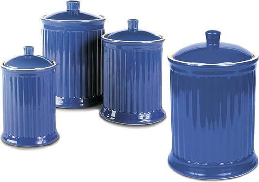 Omniware Simsbury 4-Piece Canister Set - Ceramic Storage Jars with Airtight Lids, Lead-Free Glaze, Dishwasher Safe - Vintage-Inspired Kitchen Containers for Flour, Sugar, Coffee (Simply Blue)