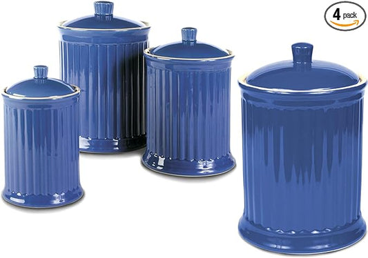 Omniware Simsbury 4-Piece Canister Set - Ceramic Storage Jars with Airtight Lids, Lead-Free Glaze, Dishwasher Safe - Vintage-Inspired Kitchen Containers for Flour, Sugar, Coffee (Simply Blue)
