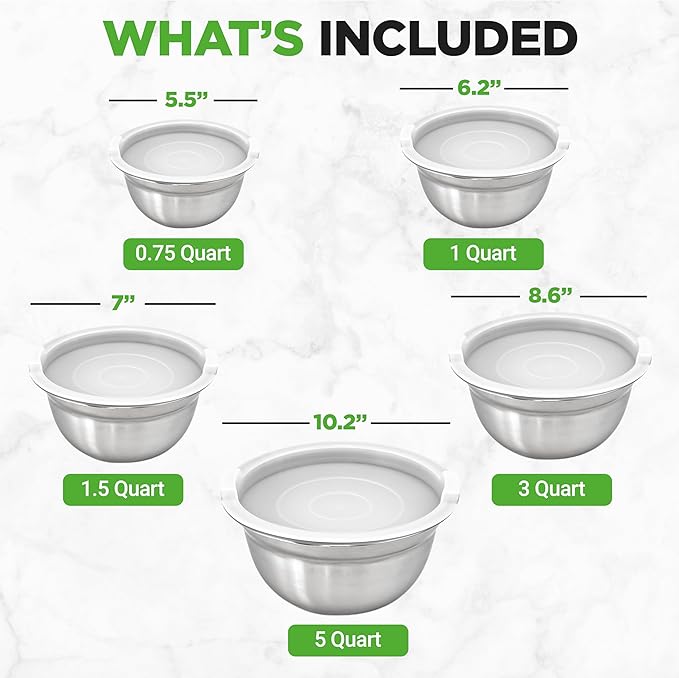 NutriChef 10 Piece Stainless Steel Mixing Bowls with Airtight Lids, Dishwasher Safe, 5 Stackable Nesting Bowls and 5 BPA-Free Lids for Kitchen, Cooking, Food Storage, Meal Prepping, Mixing & Serving