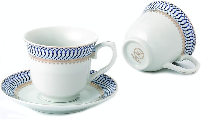World Gifts Elegant Durable and Colorful Porcelain Tea-Coffee Cups and Saucers Set - Blue and Gold, 8 oz. Set of 4