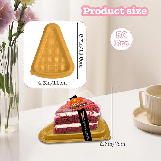 Cake Slice Container, 50 Pack Clear Plastic Cake Containers Cheesecake Container Pie Slice Box, Individual Pie Slice Box Disposable Cheesecake Containers For Pies Snack Dessert (Gold)