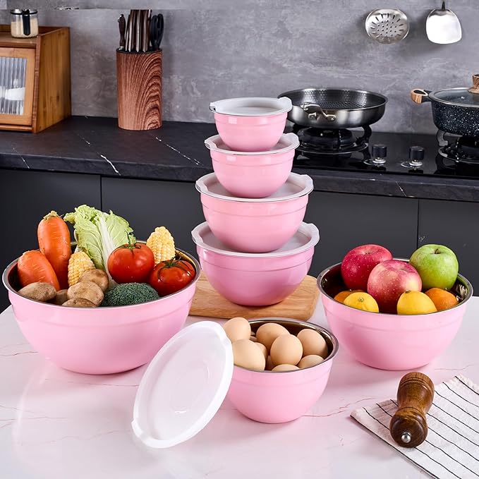 Pink Mixing Bowls With Airtight Lids,Stainless Steel Bowl,Salad Bowls 7 Piece Colorful Nesting Bowl Pink Kitchen Accessories,Size 7,3.6,2.7,2.1,1.5,1.1,0.8QT Stackable Design