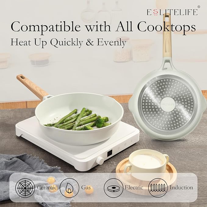 ESLITE LIFE Frying Pans Set Nonstick Skillets Set Egg Omelette Pans, Healthy Ceramic Coating Cookware Chef's Pan, Compatible with All Stovetops (Gas, Electric & Induction), PFOA Free (White,4-Piece)