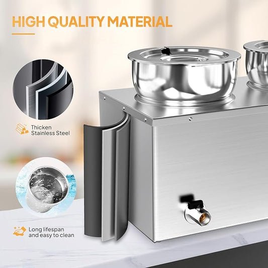 ROVSUN 15QT Commercial Soup Warmer, Electric Food Warmer Steam Table, 1200W Countertop Bain Marie with Dual 7.4QT Pots, 86~185°F Adjustable Temperature, Lid and Tap for Buffet Restaurant