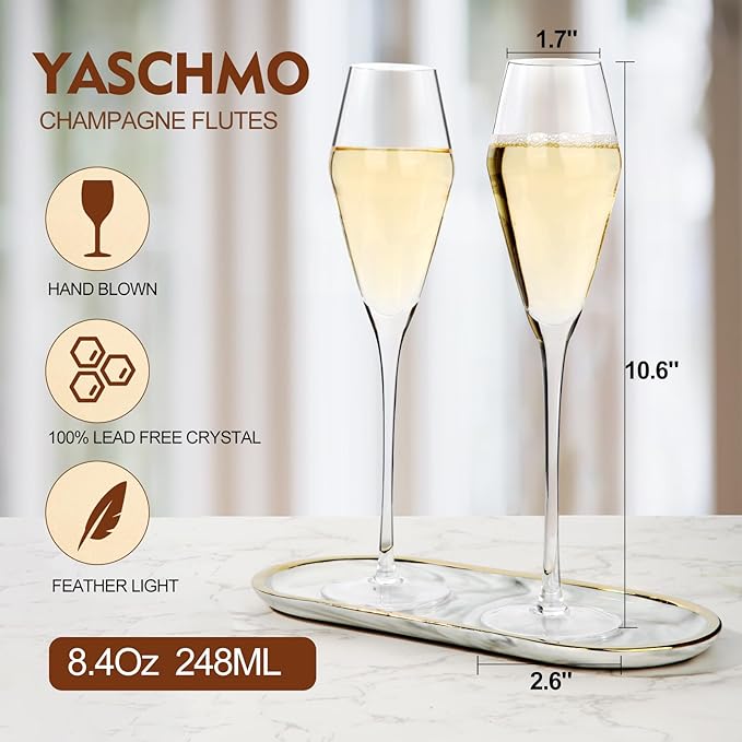 Champagne Flutes Glasses Set of 4, 8.4 oz Hand Blown Crystal Wedding Flutes, Elegant Tulip Glasses - Ideal Gift for Wedding, Anniversary,Christmas Day (4 Count (Pack of 1))