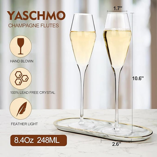 Champagne Flutes Glasses Set of 2, 8.4 oz Hand Blown Crystal Wedding Flutes Glasses, Elegant Tulip Glasses - Ideal Gift for Wedding, Anniversary,Christmas Day (2 Count (Pack of 1))