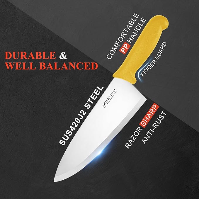 8 inch Japanese High Carbon Stainless Steel Chef Knife, Professional Extra Sharp Wide Cook Knife with Non-slip Ergonomic Handle, for Kitchen Home Restaurant