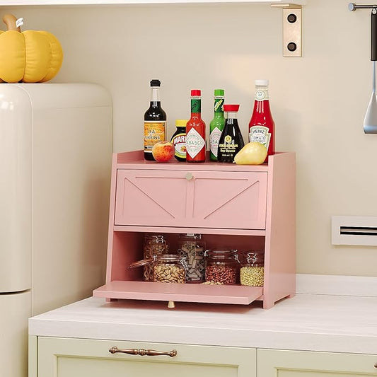 Vintage Double Layer Bread Box for Kitchen Counter Bamboo Bread Storage Container Large Capacity Bread Storage Bin (Pink)