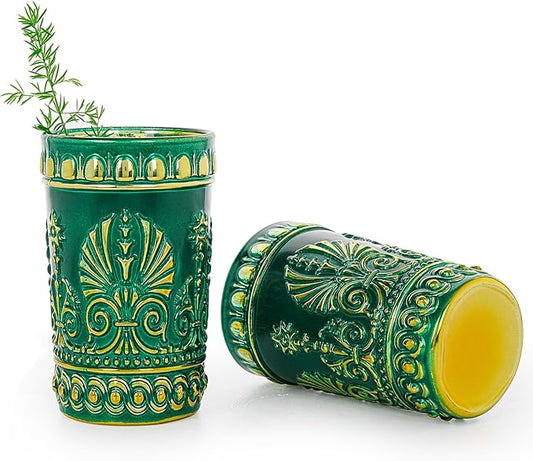 Sungmor Vintage Green and Gold Tumblers - Set of 2 Embossed Glasses, 10.8 oz Decorative Drinking Cups for Water, Juice or Cocktails - Elegant Baroque Glassware for Party or Special Occasions