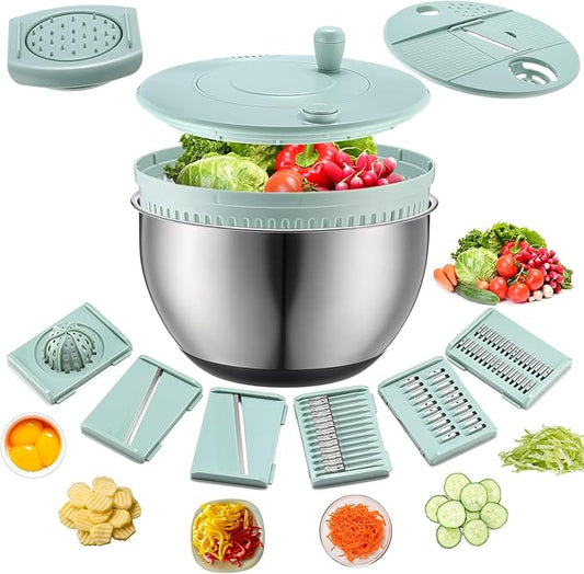 LemonRoad Stainless Steel Salad Spinner Large, Vegetables Fruits Washing Bowl, Fruits Lettuce Dryer with 5 Blade Slicer Egg Yolk Strainer Shredder for Kitchen Efficient Salad Preparation, 5.3 Qt