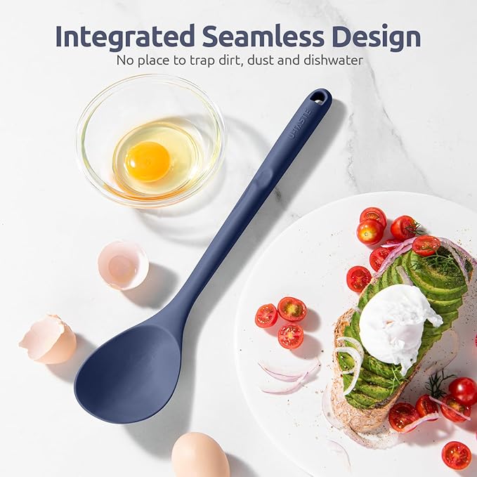 600ºF Heat Resistant Silicone Spoons: U-Taste 13.3in Solid & Slotted Kitchen Cooking Spoon, Nonstick Long Rubber Utensil, Sturdy for Mixing, Serving, Stirring, Draining (Midnight Blue, 2PCS)