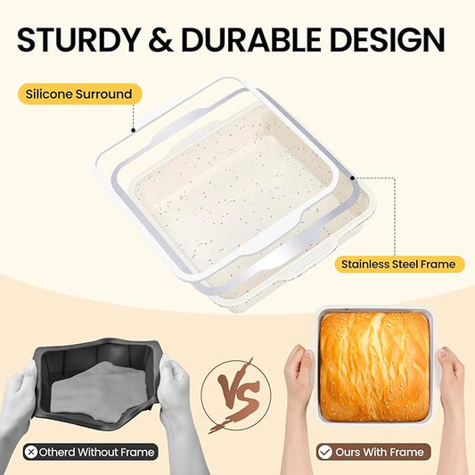 Vinino 8 inch Silicone Square Cake Pan with Metal Reinforced Frame Set of 2, Nonstick Silicone Brownie Pans BPA Free Suitable for Making Cakes, Brownies, Bread
