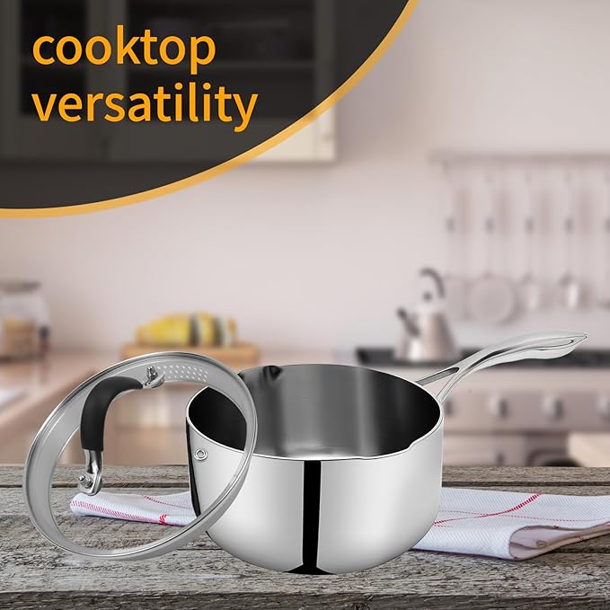 Woogim Thickened Stainless Steel Saucepan Milk Pot Glass Lid Included,Ergonomic Curved Handle with Strainer Holes and Pour Spout,2 Quart Sauce Pan,Suitable for Various Cooking Needs
