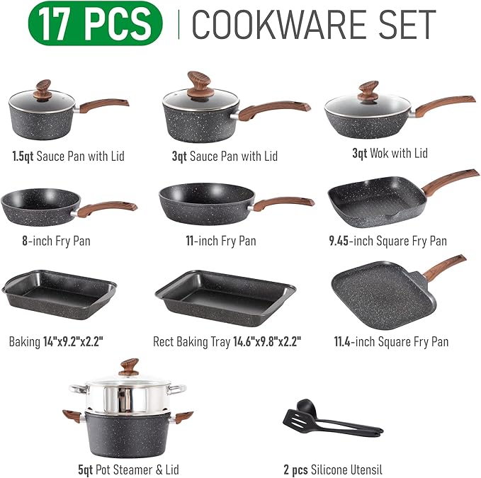 MAISON ARTS 17 Piece Black Pots and Pans Set Non Stick Granite, Non Toxic Induction Kitchen Cookware Sets, Pan and Pot Sets for Cooking Nonstick