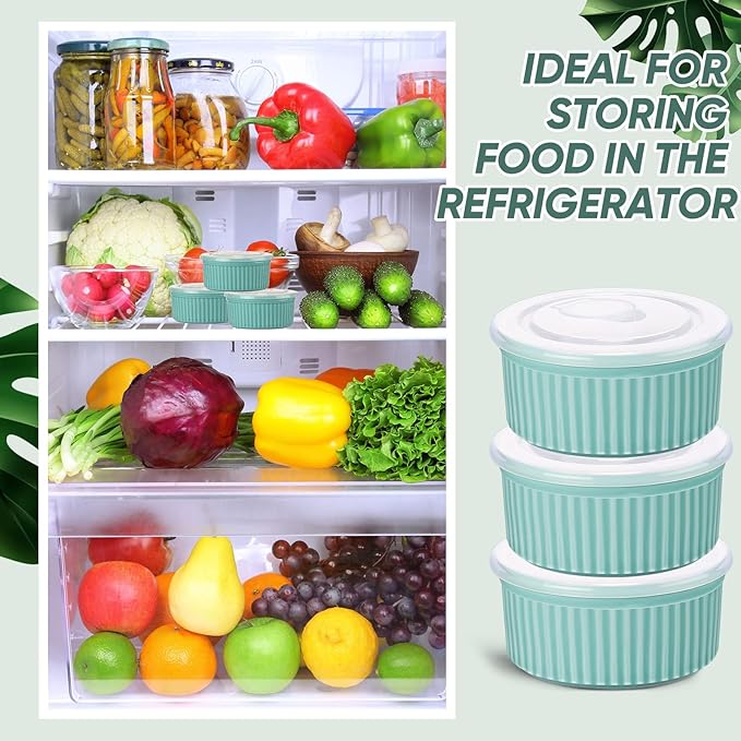 6 Sets Porcelain Ramekins with Lids 8 Oz Oven Safe Creme Brulee Souffle Ramekins with Covers for Oven Stackable Ceramic Bowl with Lid Baking Dishes Cups for Baking(Blue)