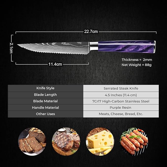 SENKEN Professional Steak Knife Set with Engraved Damascus Pattern, Razor Sharp Blade, High Carbon Steel with Gift Box (Amethyst Purple, Steak Knives Set of 6)
