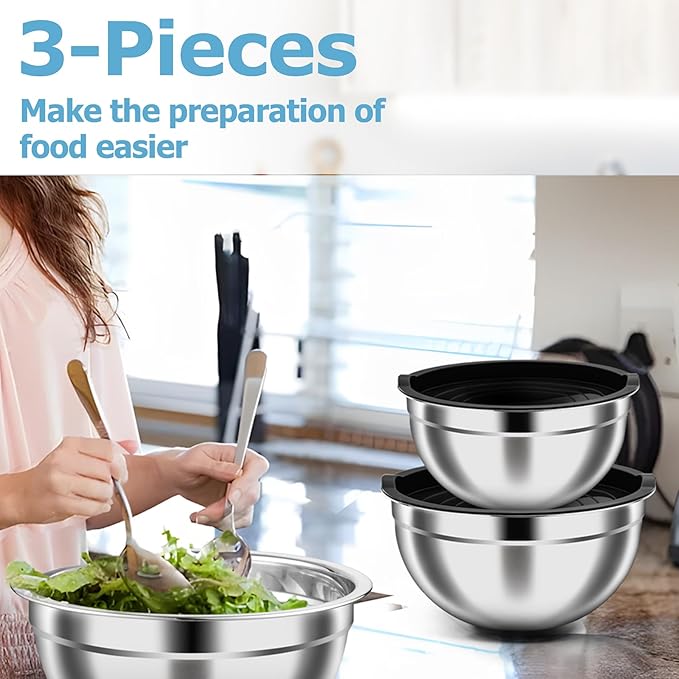 TeamFar Mixing Bowls, 4.6/3 / 1.5 QT, Stainless Steel Nesting Salad Bowls with Airtight Lids Set, For Serving/Mixing/Storing, Healthy & Long-lasting, Dishwasher Safe & Easy Clean, Black