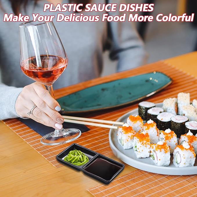 Tobeelec 12 Pcs Dual Dipping Sauce Bowls Soy Sauce Dish Bowls Two Compartments Party Trays Divided Fondue Plates for Restaurant Kitchen Sushi Soy (Black)