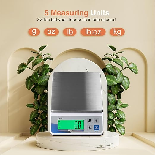 Polit KT-66 Digital Kitchen Scale 18lb/8000g|0.02oz/0.5g Precision Food Scale with LCD Display|Battery or Plug-in|Stainless Steel Top|Grams & Ounces|5 Units for Baking, Cooking, Farming & Shipping