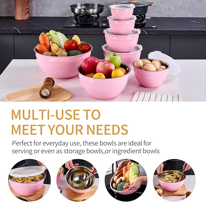 Pink Mixing Bowls With Airtight Lids,Stainless Steel Bowl,Salad Bowls 7 Piece Colorful Nesting Bowl Pink Kitchen Accessories,Size 7,3.6,2.7,2.1,1.5,1.1,0.8QT Stackable Design