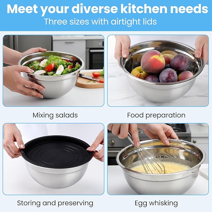 Mixing Bowls with Airtight Lids Set of 5, Stainless Steel Mixing Bowls with 3 Grater Attachments, Nesting Salad Bowl for Prepping, Serving, Cooking, Kitchen, 0.75/1/1.5/2.5/4.5QT, Black