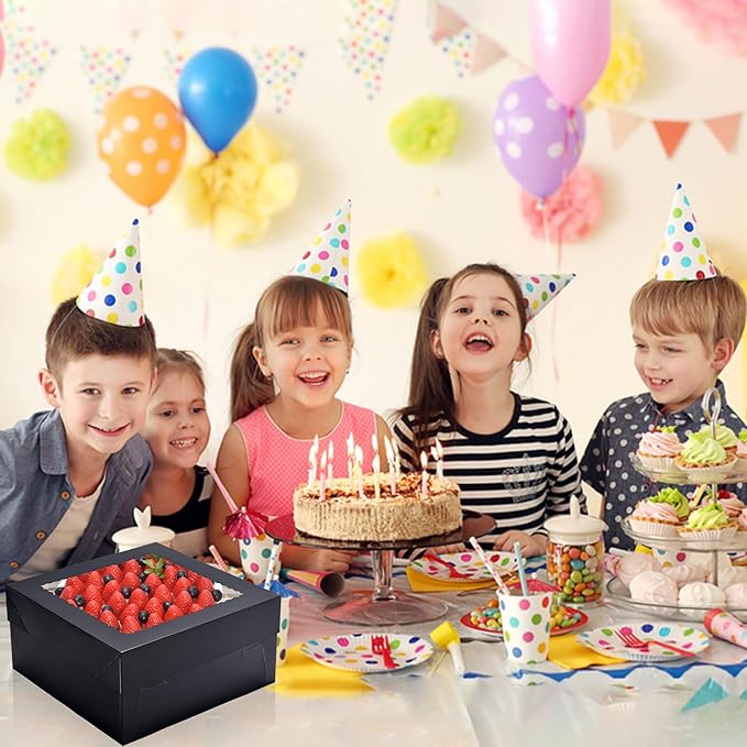 16Pcs 12x12x6 Inch Cake Boxes with Window, Black Bakery Boxes, Cake Carrier Container for Pastries, Pie, Cookies, Chocolates, Cupcakes, Birthday Party, Wedding