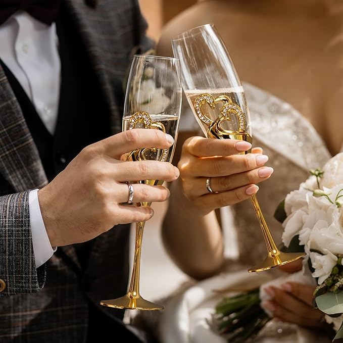 Gold Crystal Champagne Flutes and Cake Knife Set, Includes Wedding Toasting Glasses and Cake Cutting Tools for Bride and Groom’s Reception or Anniversary (Gold)