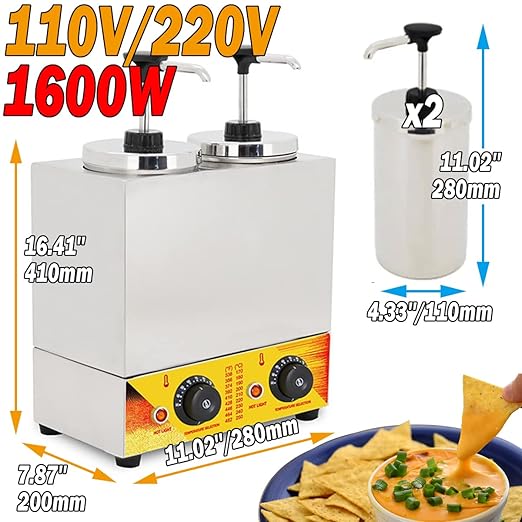 Electric Cheese Dispenser with Pump Hot Fudge Warmer 4.5 Quart Double Head Sauce Condiment Pump Station for Nacho Cheese Caramel Ketchup Syrup Butter,86-176℉