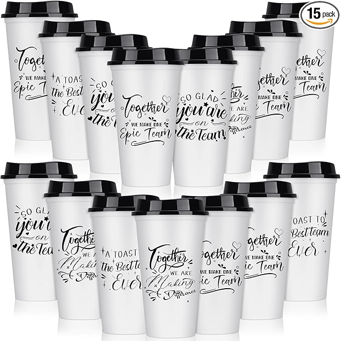 Pickmesh 15 Pcs Employee Appreciation Gifts Christmas Thank You Gift for Team Building 16 oz Teacher Plastic Coffee Cup with Lid Inspirational Travel Tumbler for Coworker Staff Pastor (White)