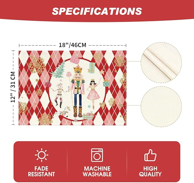 Red Diamond Plaid Nutcracker Snowflake Christmas Placemats Set of 6, 12x18 Inch