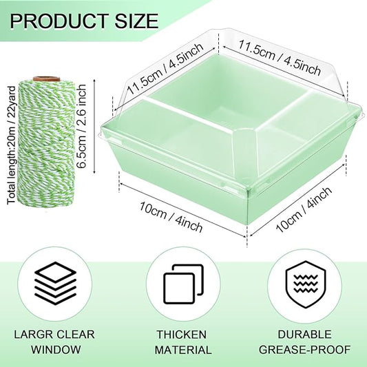 Ctosree 100 Pcs Paper Charcuterie Boxes with Clear Lids 4.5 Inches Disposable Cake Square Dessert Container Bakery Boxes Bundle with Rope for Food Cake Slice Cookie Sandwich Dessert(Light Green)